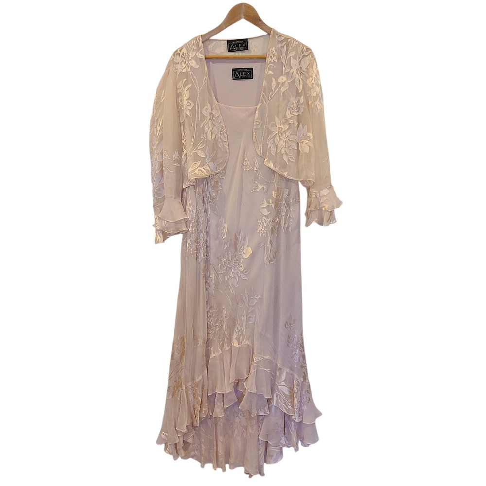 Vtg Alex Evening Fairy Pink Maxi Bias Dress Silk Dress XL Sheer Sequins Bolero